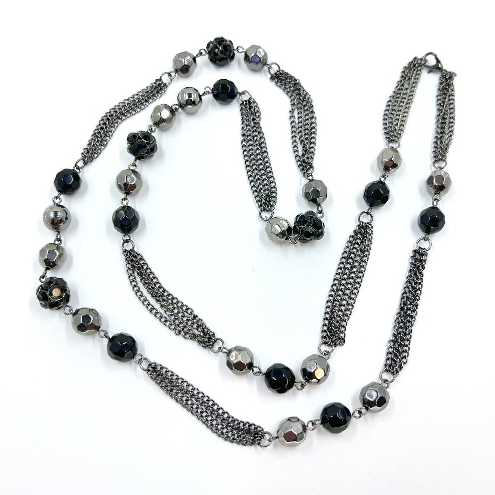 Single Strand Gunmetal Tone Black & Grey Beaded 36” Chain Necklace